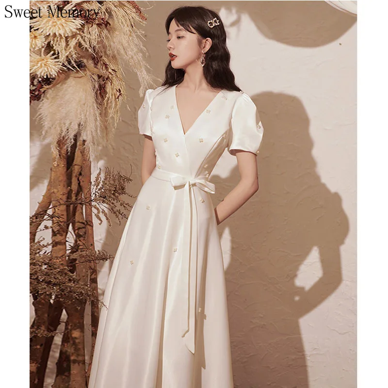 N11158 Sweet Memory Vintage Wedding Dress Princess Short Sleeves V-Neck Beading Satin Prom Dresses