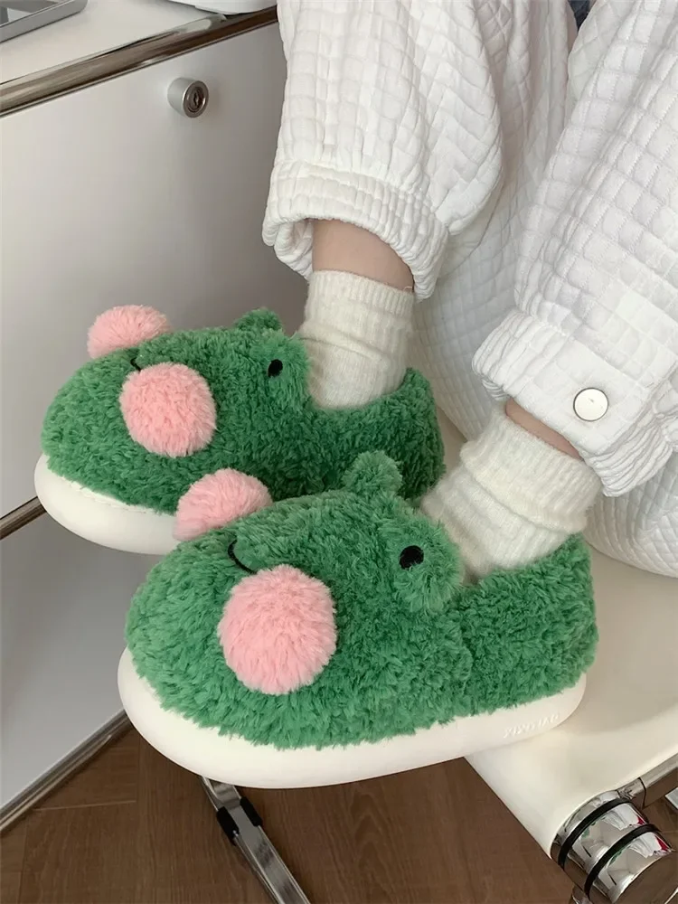 Cute Frog Cotton Home Slippers Women Winter Men and Women's Indoor Anti-skid Thick Soled Warm Woolen Household Shoes