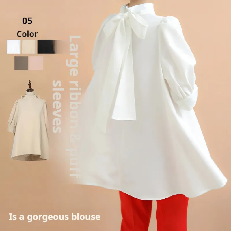 Solid Bow Women Blouses Vintage Puff Sleeve Elegant Loose Shirts  Blouse Women Solid Color Shirt Vintage Loose Cute Tops