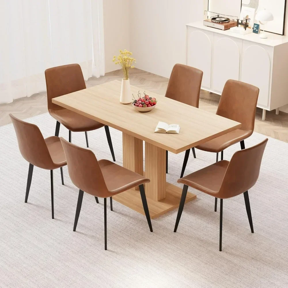 Modern 58 inch kitchen 7-piece rectangular dining table set, suitable for restaurants (dining table+6 brown chairs)