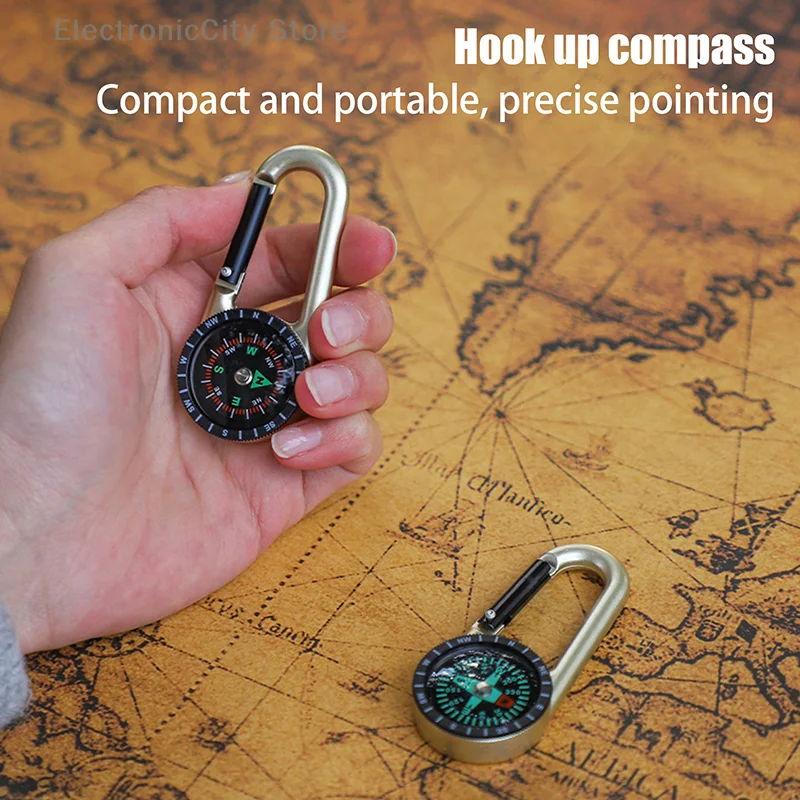 1PC Metal Outdoor Key Buckle Compass Double-sided Mountaineering Compass Multifunctional Thermometer North Needle Buckle