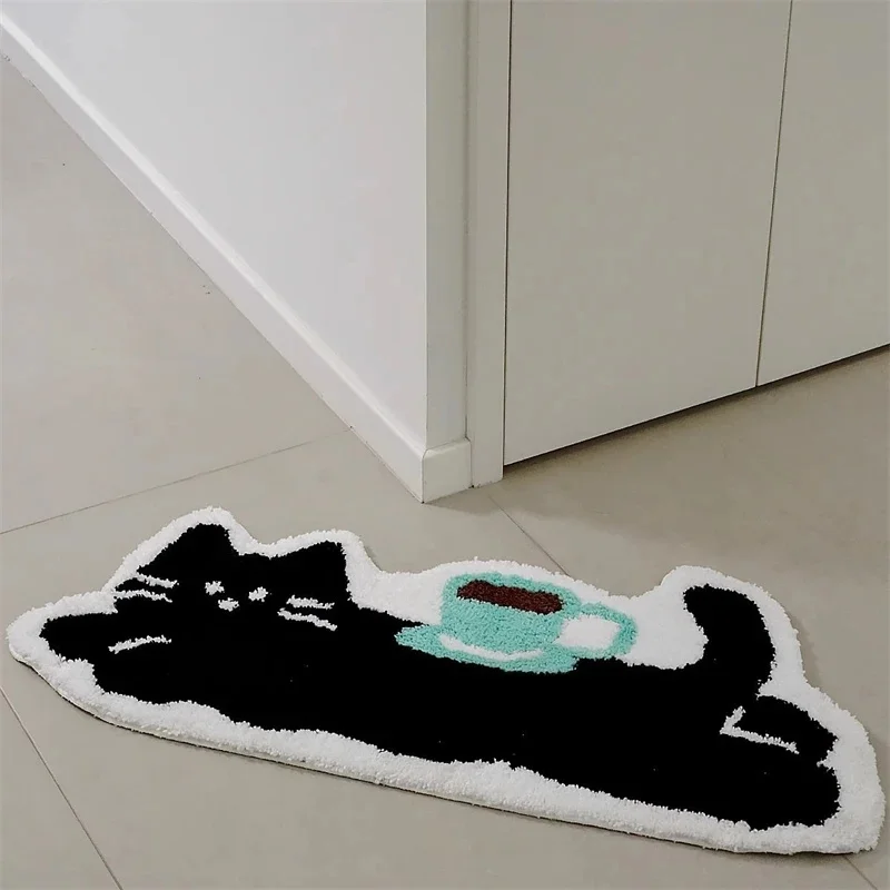

Cute Black Cat Floor Mat with Coffee Cup Design Plush Soft Carpet for Bedside Sofa Area Non-slip Absorbent Rug Floor Mat