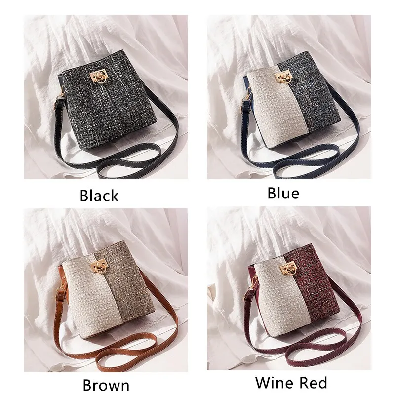 Women Patchwork Crossbody Bag Bucket Faux Leather Circle Buckle Shoulder Bags Fashion Trendy Female Totes Stitching Bag