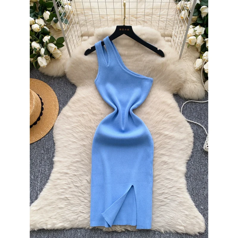 Women sexy slim summer chic one-shoulder knitted bodycon short dress casual sheath cut-out night club split streetwear dress