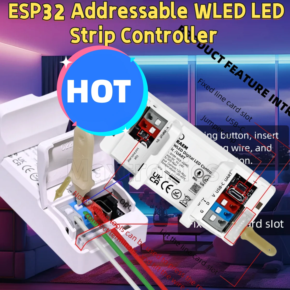 

NEW ESP32 Addressable WLED LED Strip Controller 100+ FX Drives 800 LEDs UART 1CH 12A Max Music Sync WS2811/12/13