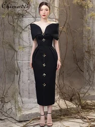 French Elegance Commuter Off-shoulder Short Sleeve Sexy V-neck Backless High Waist Slim Fit Hip-wrapped Midi Evening Dress Women