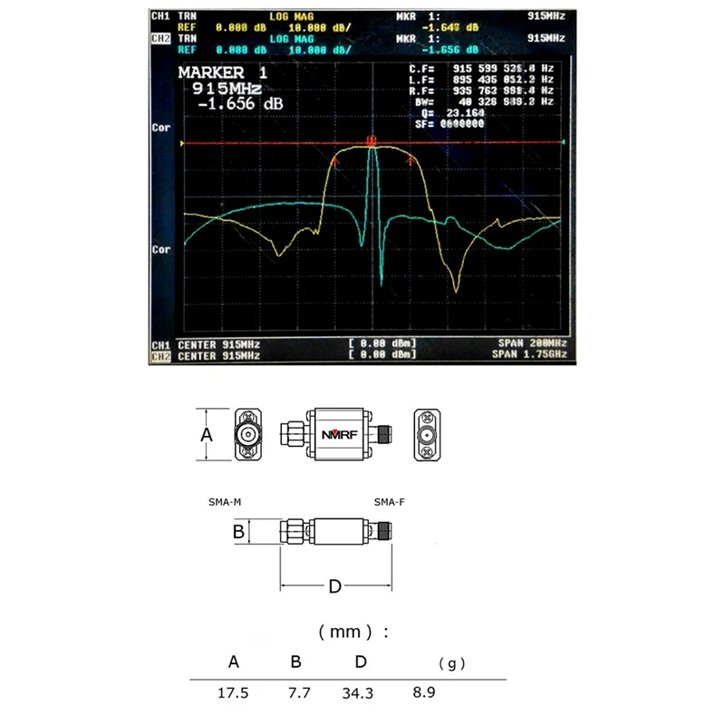 AEF7-NMRF 915Mhz Bandpass Filter 50 Ohms Band Pass Filter SMA Interface 915Mhz Bandwidth 902‑928Mhz PCB Fit For RFID Remote Cont