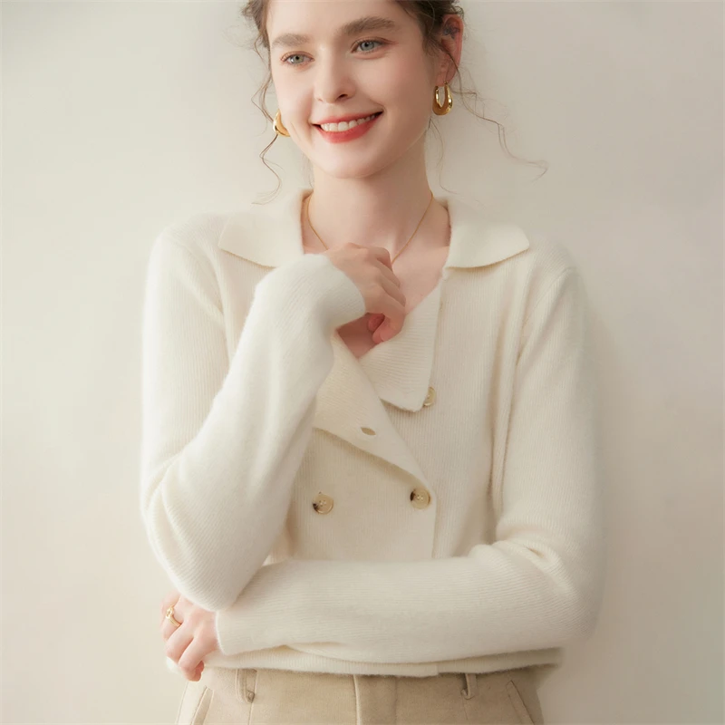เสื้อสเวตเตอร์แคชเมียร์สำหรับผู้หญิง ฤดูใบไม้ร่วง ฤดูหนาว แบบกระดุมสองแถว ปกพับ คอปกแบบเรโทร ผลิตจากแคชเมียร์ 100% เสื้อถักสำหรับสุภาพสตรีทำงาน