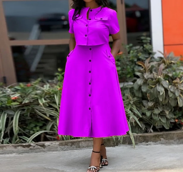 Temperament Round Neck Short Sleeved Short Top, High Waisted Breasted Long Skirt, Fashionable Casual Solid Color Set