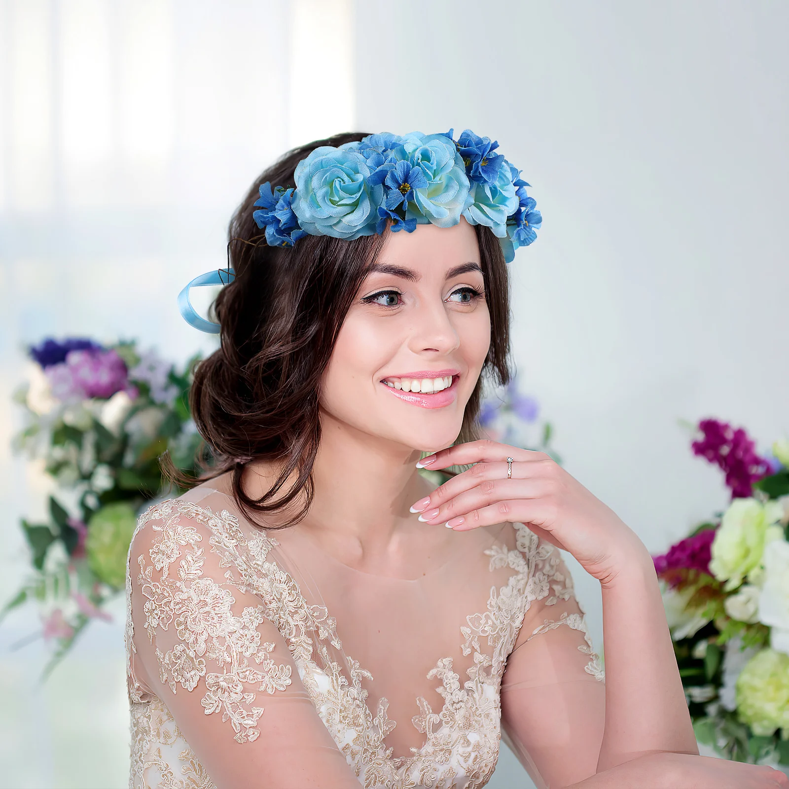 

Rose Flower Crown Artificial Floral Headpiece Bohemian Wreath Hairband For Women Adjustable Ribbon Party Wedding Beach