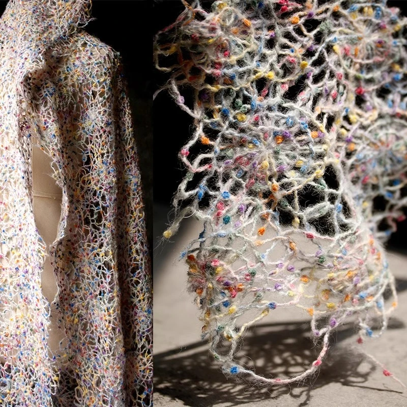 

Вязаная шерстяная сетка с переливающимися вырезами и вышивкой, прозрачная перерабатываемая ткань в этническом стиле для швейного материала Dream Weaver