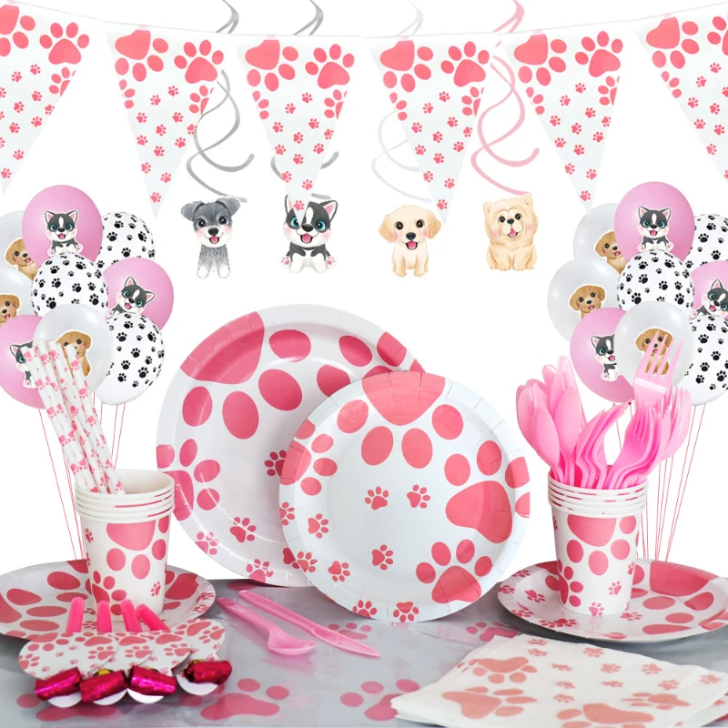 Pet Themed Pink Dog Paw Party Decoration Set Flag Pulling Paper Cups, Paper Plates, Tissues, Balloons Decoration Supplies