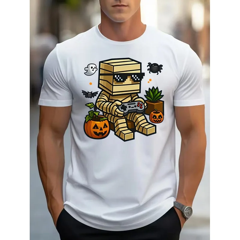 Men's T-shirt,Fun 'Halloween Mummy Gamer Printed T-shirt, Men's Short Sleeve T-shirt, Regular Casual Daily Men's Top,