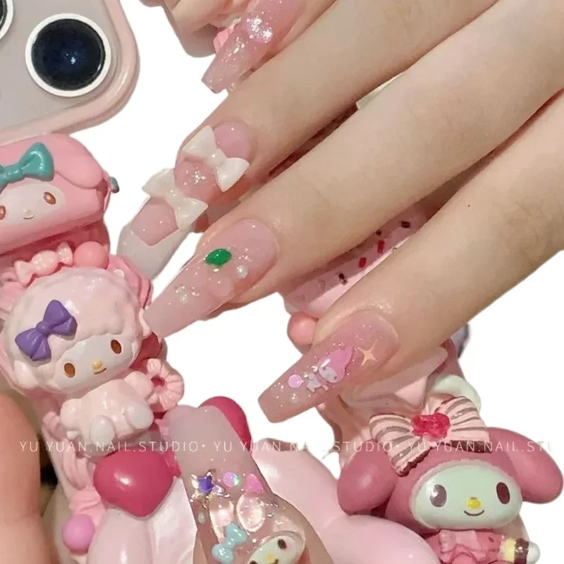 My Melody Sanrio Manicure Fingers Adesivos, Kawaii, Ins Moda, Doce, Decoração de Unhas, Arco, Desenhos Animados, Bonitos, Presentes para Meninas