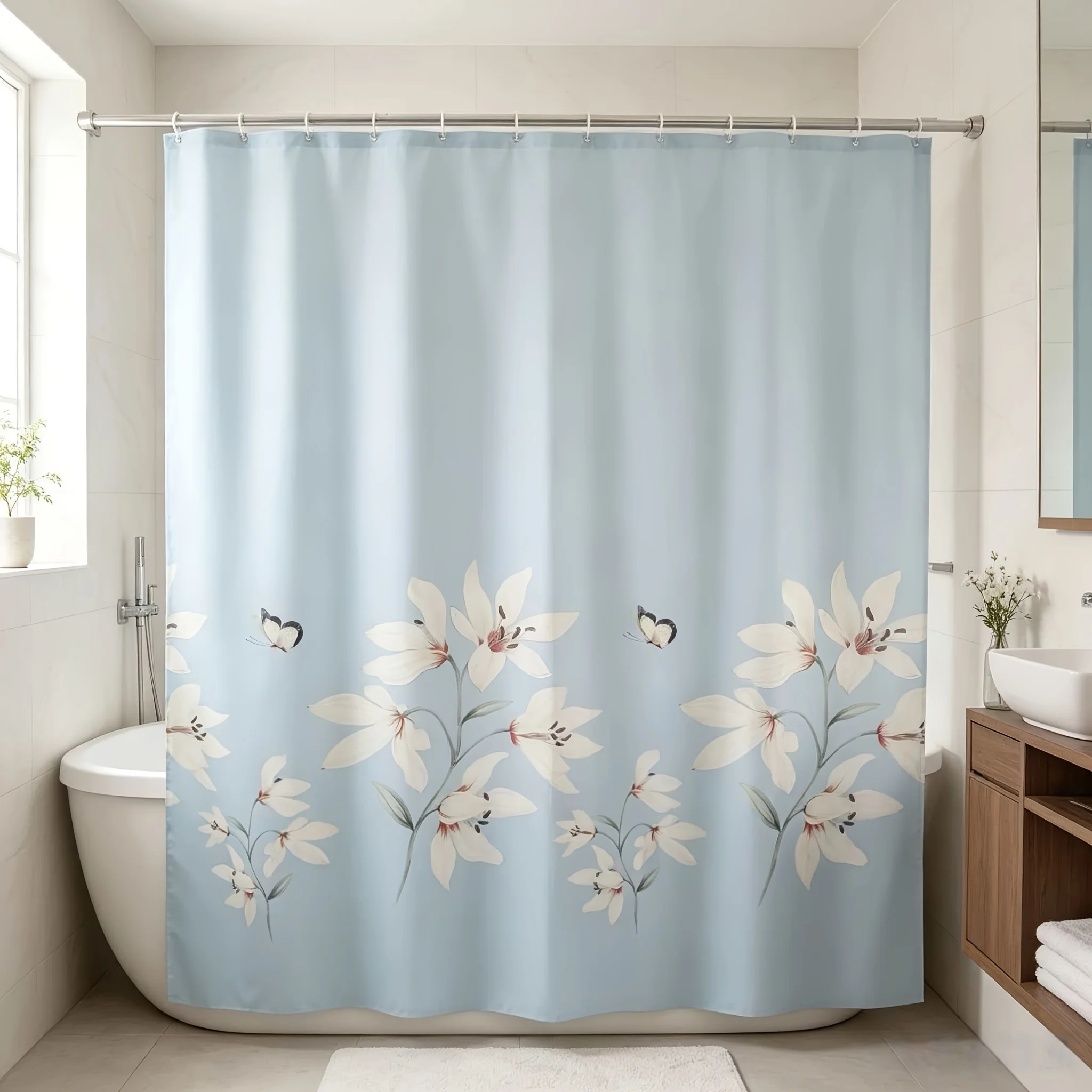 1PC Heavyweight Digital Floral Print Shower Curtain, Decorative Bathroom Curtain for Home Use