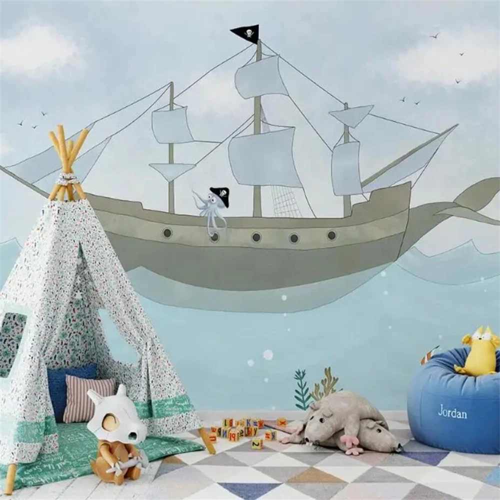 custom Wholesale Boat Jack Sparrow Mural Pirate 3d Cartoon Wallpaper for Baby Children Kids Room 3d Wall Murals Fresco Stickers