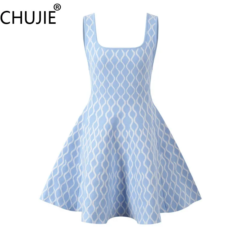 

CHUJIE Women's Dress 2025 Spring/Summer New French Sweet And Fashionable Ling Grid Waist Blue Sleeveless Knitted Strap Dress