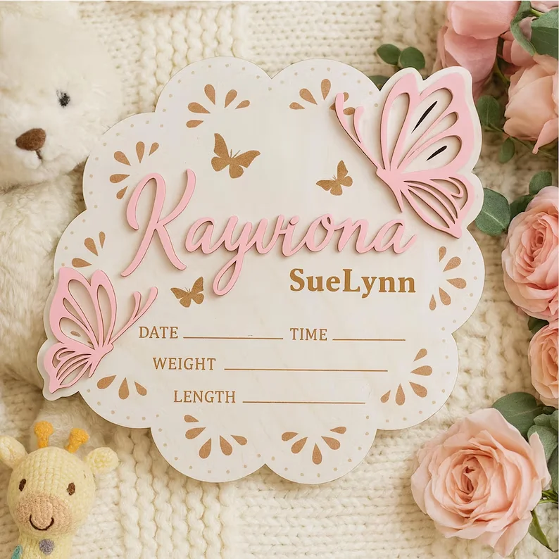 1 pieza de cartel de nacimiento para anuncio de bebé con mariposa, cartel de nombre de recién nacido de madera personalizado, placa con estadísticas de nacimiento personalizadas
