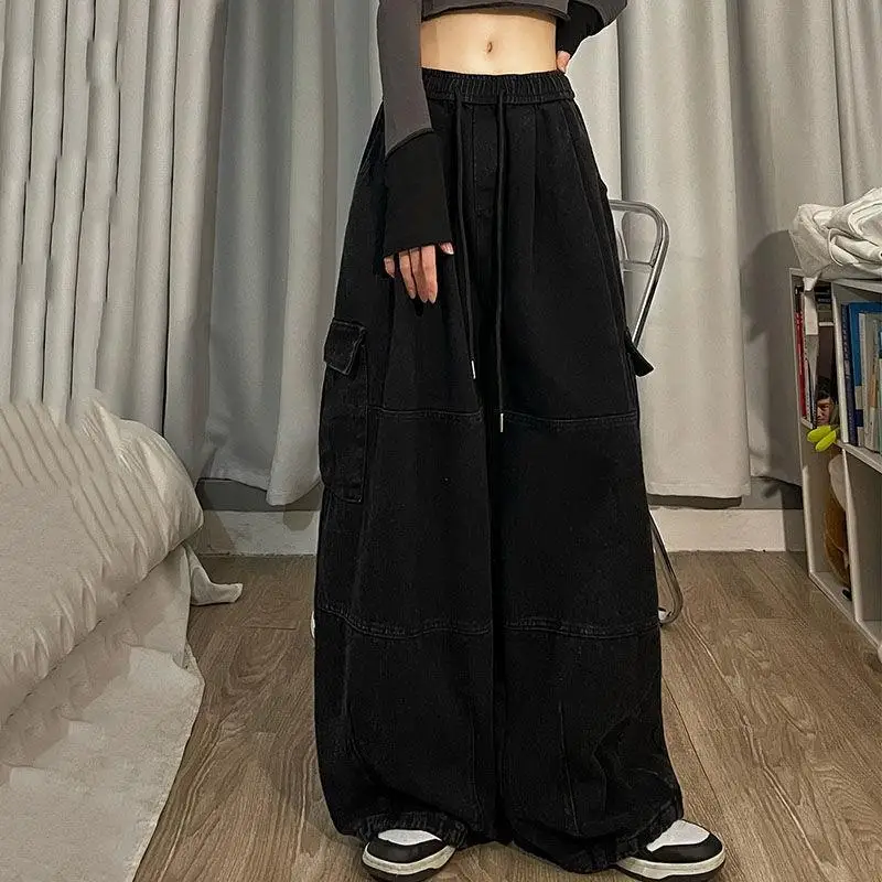 Spring Autumn Vintage Cargo Jeans Pants Women Korean Y2K Fashion Drawstring Casual Wide Leg Sweatpants Couple Trousers