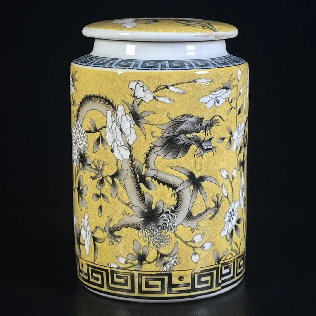 Chinese Wenwan Porcelain Tea Storage Jar, Yellow Crackle Glaze Ink Color Dragon Pattern Covered Canister
