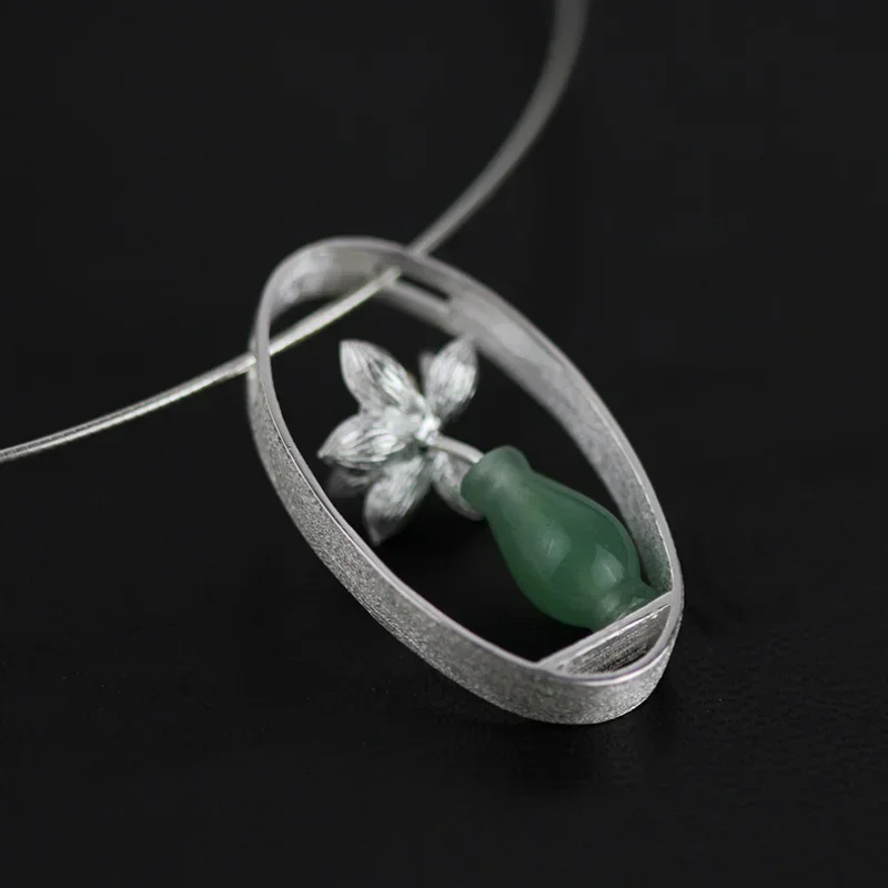 iNature Natural Aventurine Vase Flower Collar Necklaces for Women Trendy Vintage 925 Sterling Silver Choker Necklace