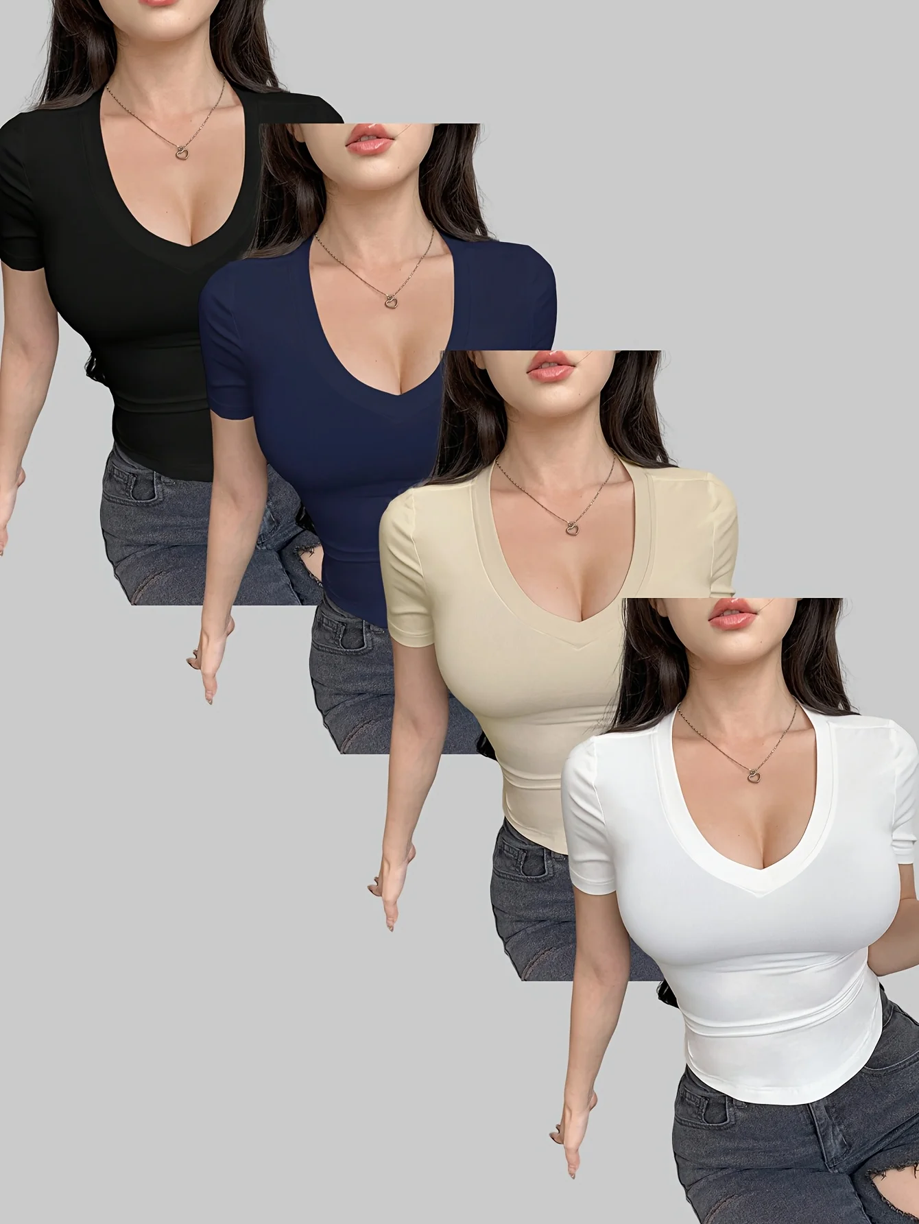 

New women's fashionable solid-color V-neck casual comfortable short-sleeved T-shirt set of four pieces