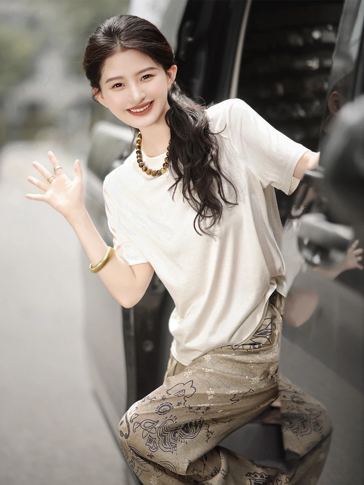 

Zhaodaixi Luxury Silk T-irt round Ne White Hot Water True Silk 00% Silk round Ne ort Sve Commute Sle Spring Wear