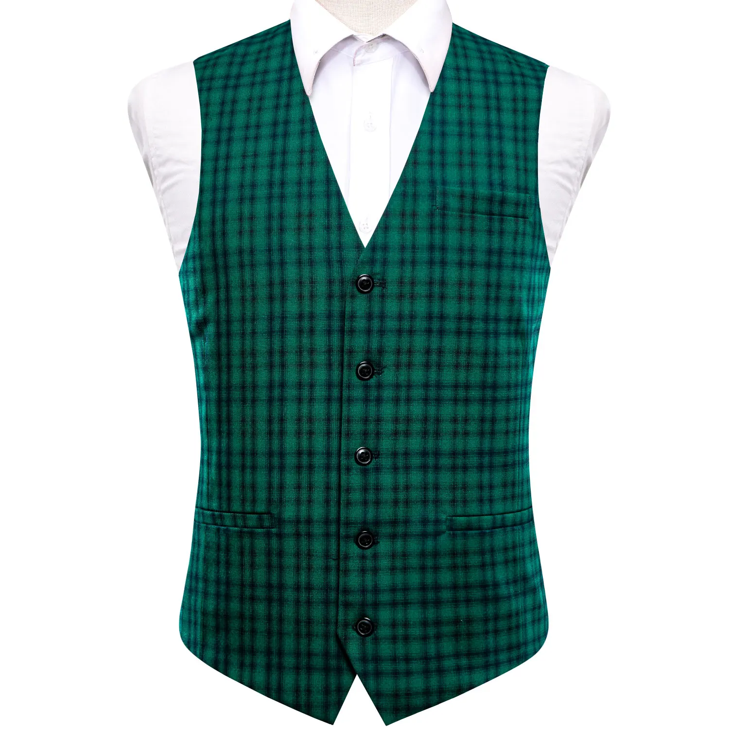 Hi-Tie Green Multi Viscose Men Vest Jacquard Check Dress Suit Waistcoat Sleeveless Jacket for Male Wedding Business High Quality