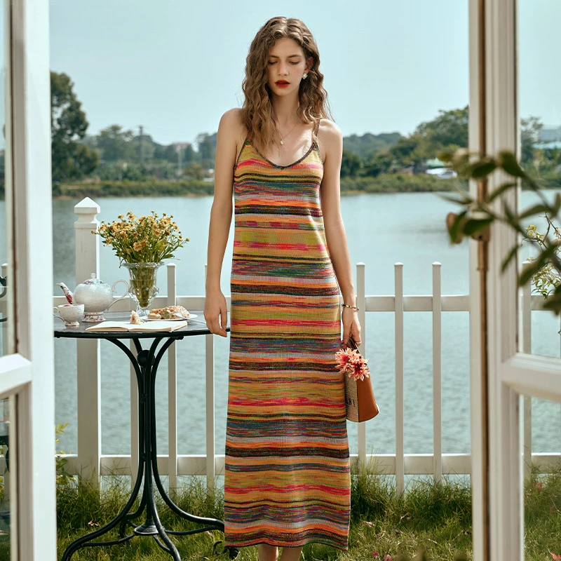 

Bohemia Holiday Dress Women Summer New Rainbow Mixed Woven Striped Sling Knitted Long Dress Seaside Spaghetti Strapless Sundress