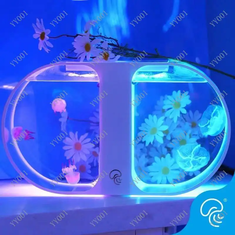 Double Grid Fighting Fish Tank Creative Mini Aquarium Goldfish Bowl 12V Accessory Set