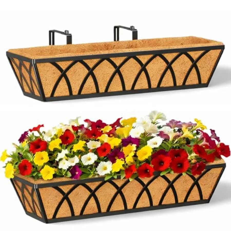 

24 Inch Railing Planter Box with Coco Liner, Adjustable Metal Window Box, Hanging Flower Planter Outdoor, for Balcony Deck Fenc
