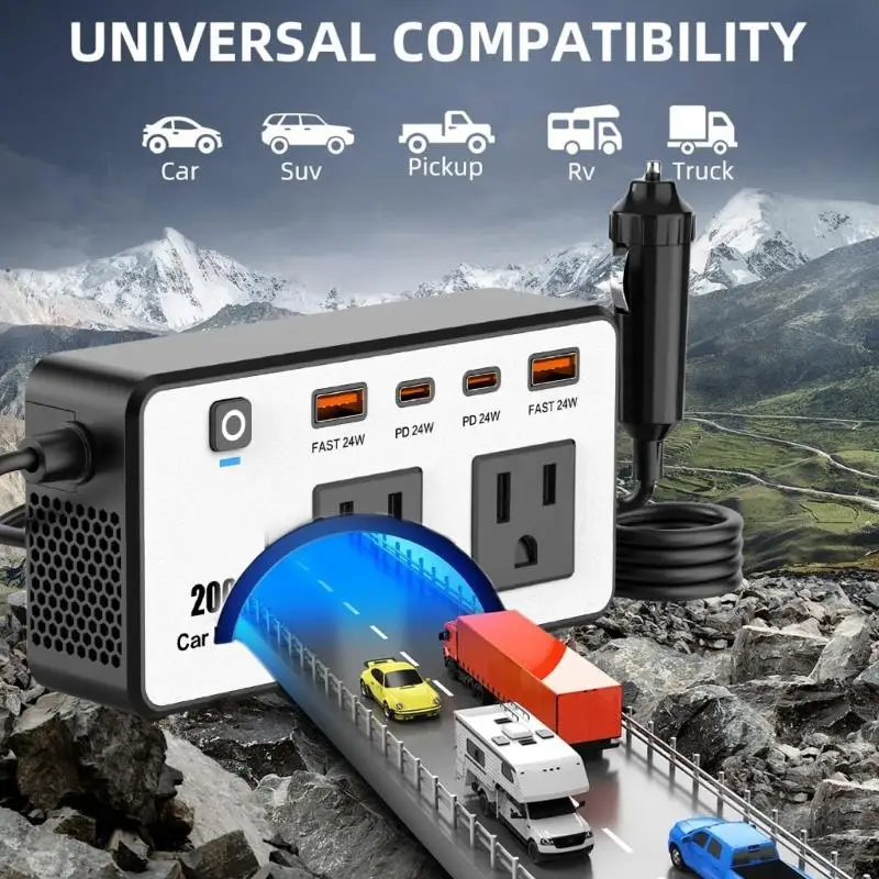 

G7NA 200W Vehicle Power Inverter DC12V to AC110V Plug Adapter with USB Ports for Laptops and Outdoor Adventures Camping Needs