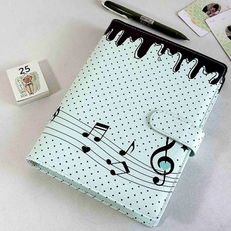 Mint Green Music Note A5 PU Leather Loose Leaf Binder Notebook Detachable Journal Planner for Students School
