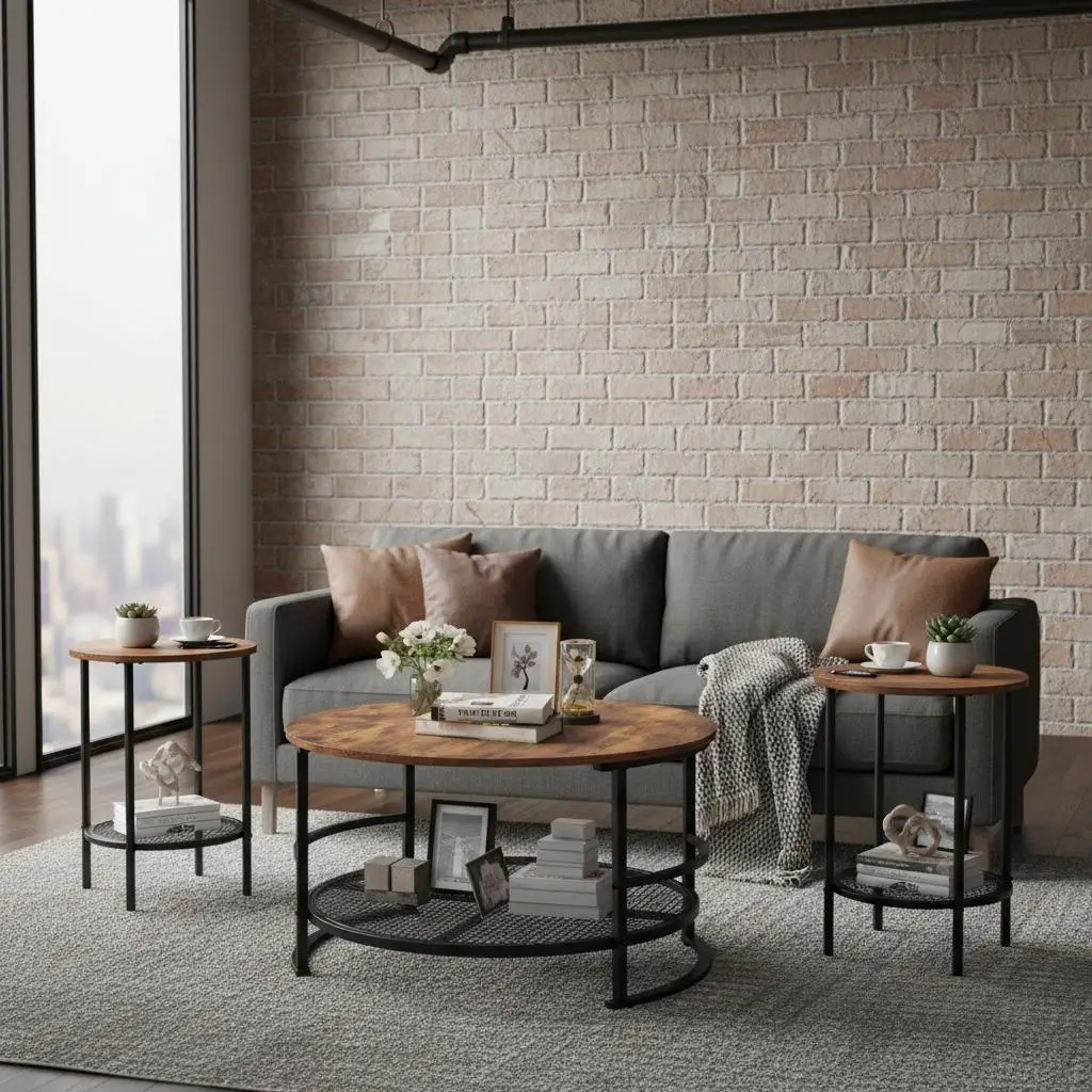 

Trio Circular Parlor Furniture Units 31.5 Inch Industrial Lounge Setup 2 Side Stands Metal Bases Home Workspace Apartment Com