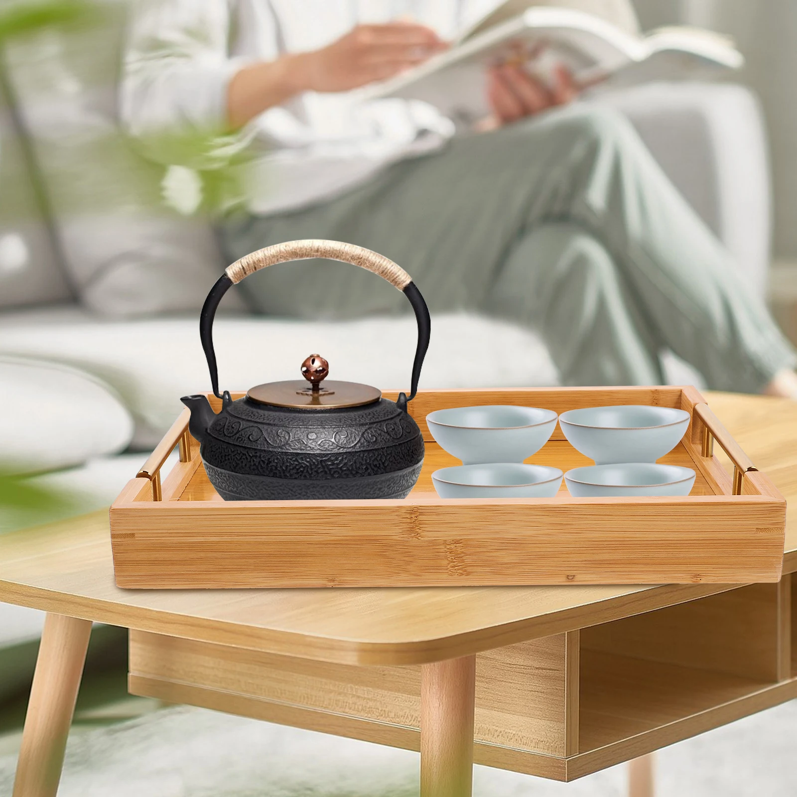 

Bamboo Serving Tray Large Capacity Tea Snacks Fruits Dessert Organizer Exquisite Workmanship Smooth Surface Decorative Tableware