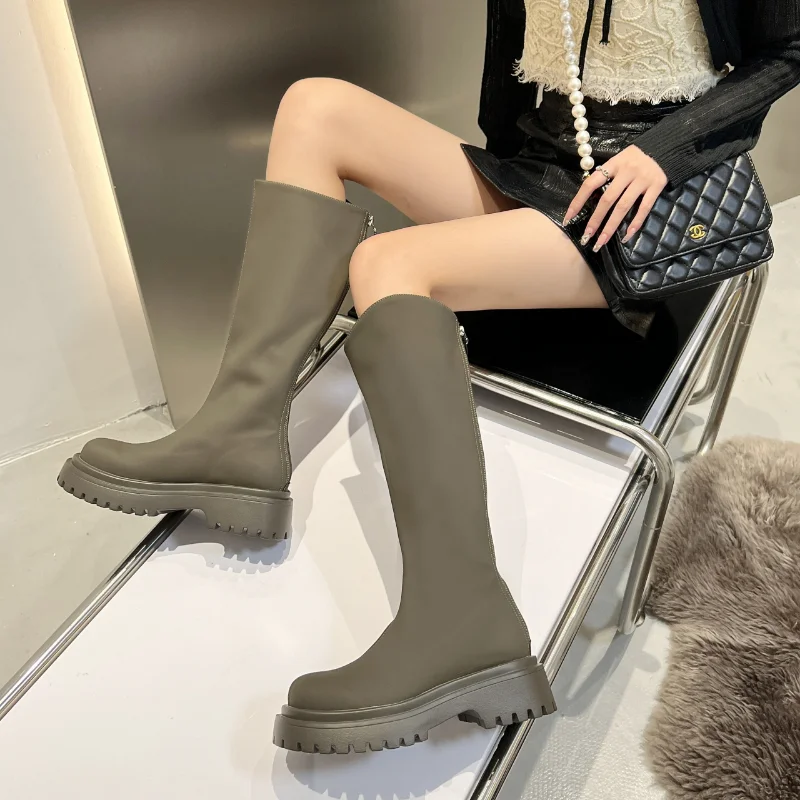 Winter Women's Outdoor Shoes Riding Boots Knee High Matte Natural Leather Cowhide Fashion Street Style Botas Mujer Women Boots