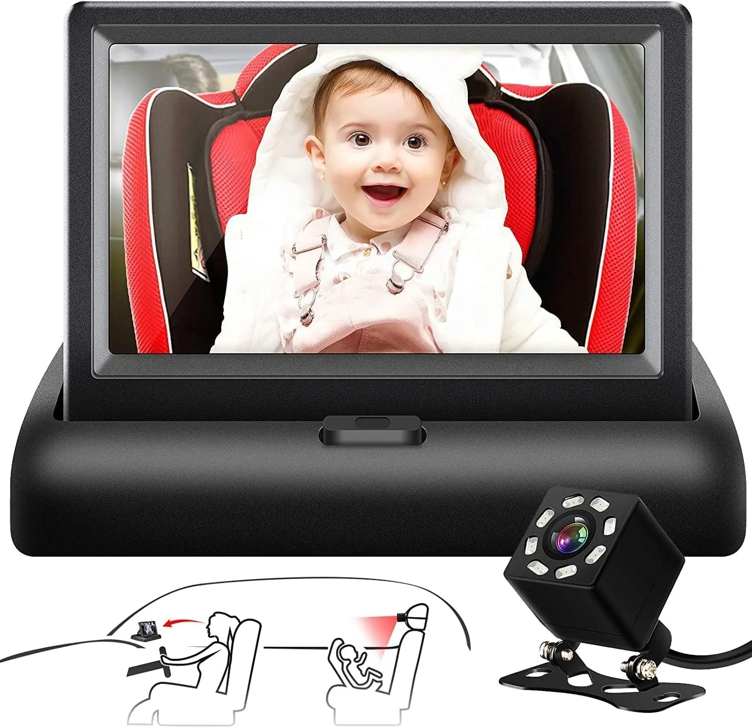 

Baby Car Mirror, Shybaby 1080P Camera Monitor with Handbell Toy, 4.3'' HD Wide View Seat Mirror Night Vision Function