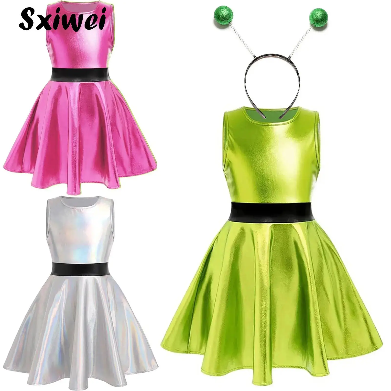 

Halloween Girls Shiny Alien Outerspace Cosplay Costume Metallic Sleeveless High Waist A-Line Dresses Future World Party Dress Up