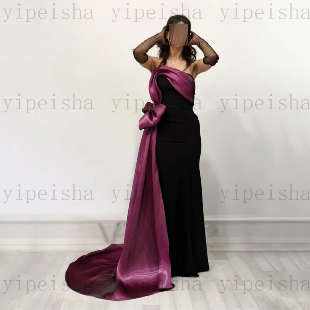 فساتين سهرة مخصصة بدون حمالات بدون ظهر مطوي فيونكة بطول الأرض فستان حفلات حورية البحر فستان حفلات طويل سويب تراين