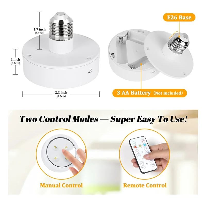 F-T電池式電球、ランプ用、ネジ式LEDパックライト（リモコン付き）、壁取り付け用E26ソケット付き、2個パック