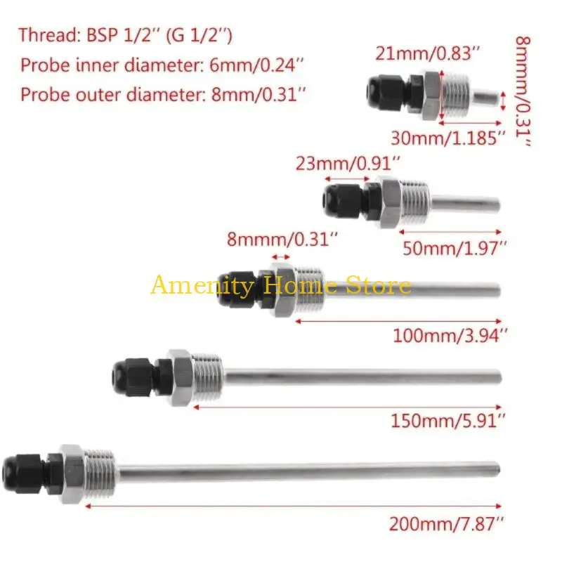 F26C 30-200mm Thermowell Stainless Steel 304 1/2in Thread for Temperature Sensors Beer Fermenter Homebrew Boiler