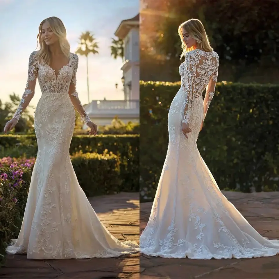

Customized Mermaid Wedding Dresses Appliques Lace V-Neck Long Sleeve Bridal Gown Beading Sweep Train Vestido De Noiva