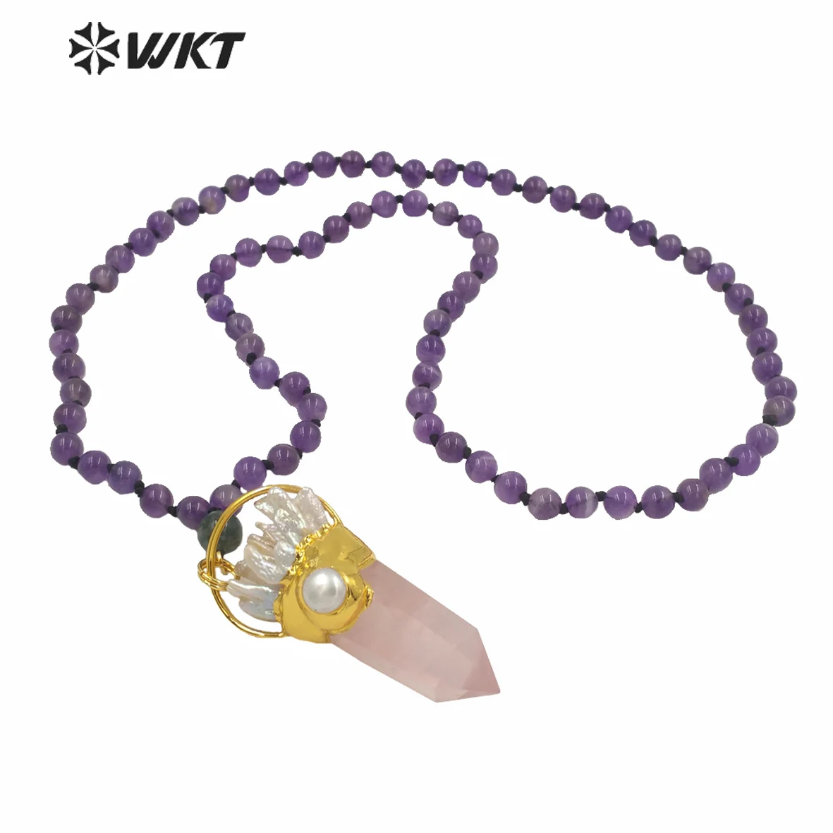 

WT-N1246 Wholesale Women Gorgeous Long Beads Stone Fluorite Necklace Gold Fashion Big Chunky Spirit Point Special Decorated