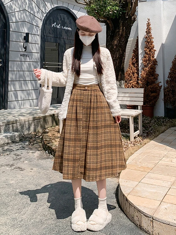 

High Waist Plaid Woolen Skirt Women's Autumn Winter Thiened A-Line Skirt Trendy Casual Vintage Sle Elastic Waist