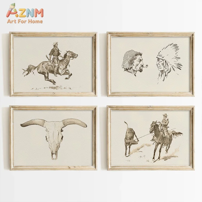 AZNM Vintage Western Cowboy Bull Skull Canvas Wall Art, Retro Wild West Sketch Print, Frameless Neutral Tone Western Style Canva