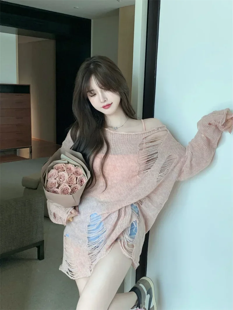 

Jumper Fashion Casual Summer Knitted Pullovers Y2k Tops Harajuku Women Sweater Sueter Mujer Long Sleeve Hollow Out Casual