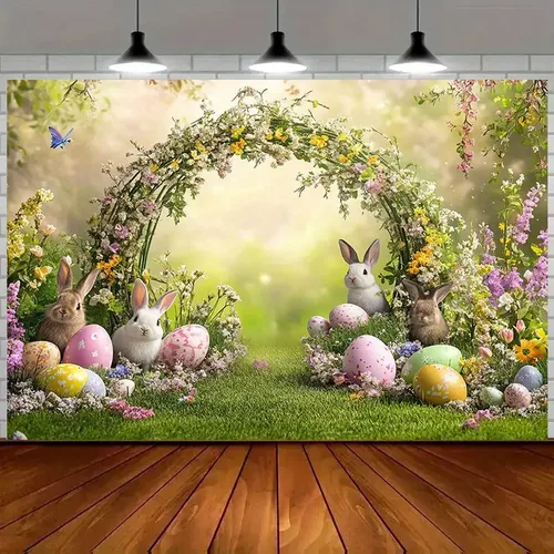 Imagen 1 del producto VIKAMA - Fondo de Fotografía con Diseño de Bosque de Pascua, Tema de Fiesta de Primavera, Bonito Dibujo Animado, Decoración de Pared