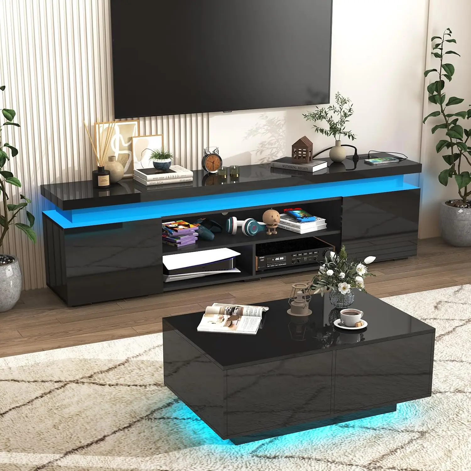 LED TV Stand for 95 Inch TV, Modern Gaming TV Stand with Power Outlet, High Gloss TV Console Entertainment Center