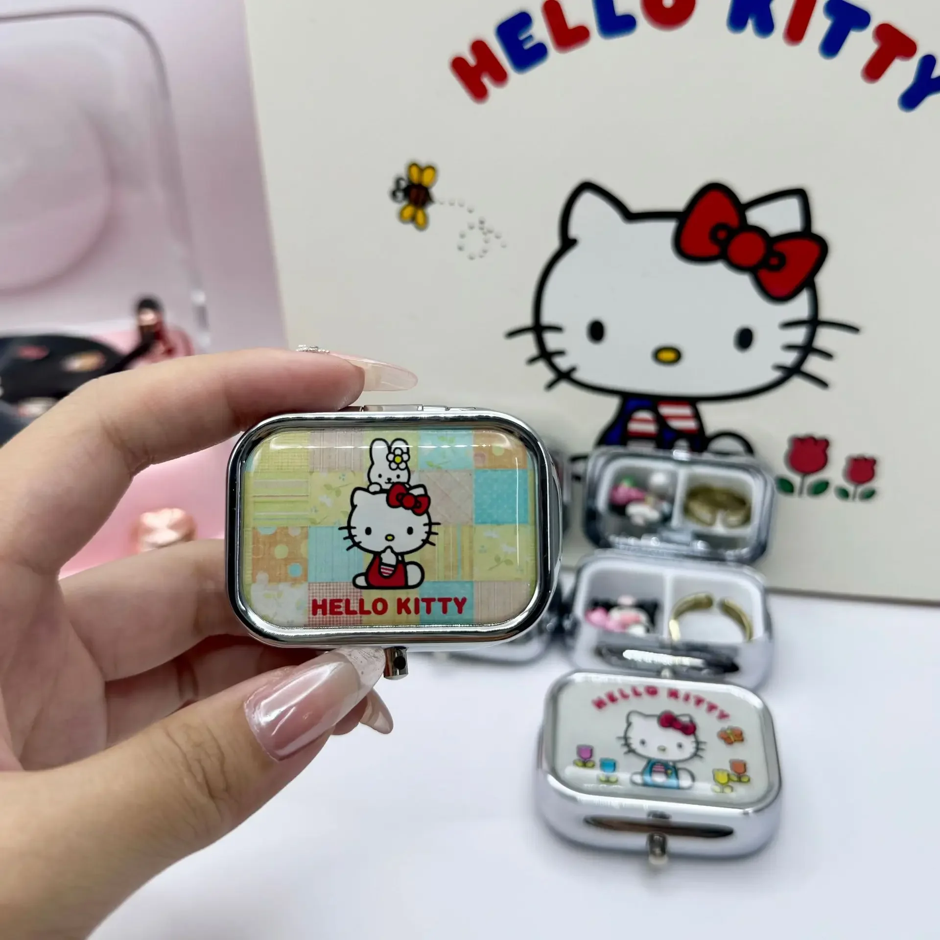 Olá kitty dos desenhos animados pequena caixa de comprimidos de metal embalagem portátil medicina viagem kawaii anime dos desenhos animados mini caixa selada presente aniversário