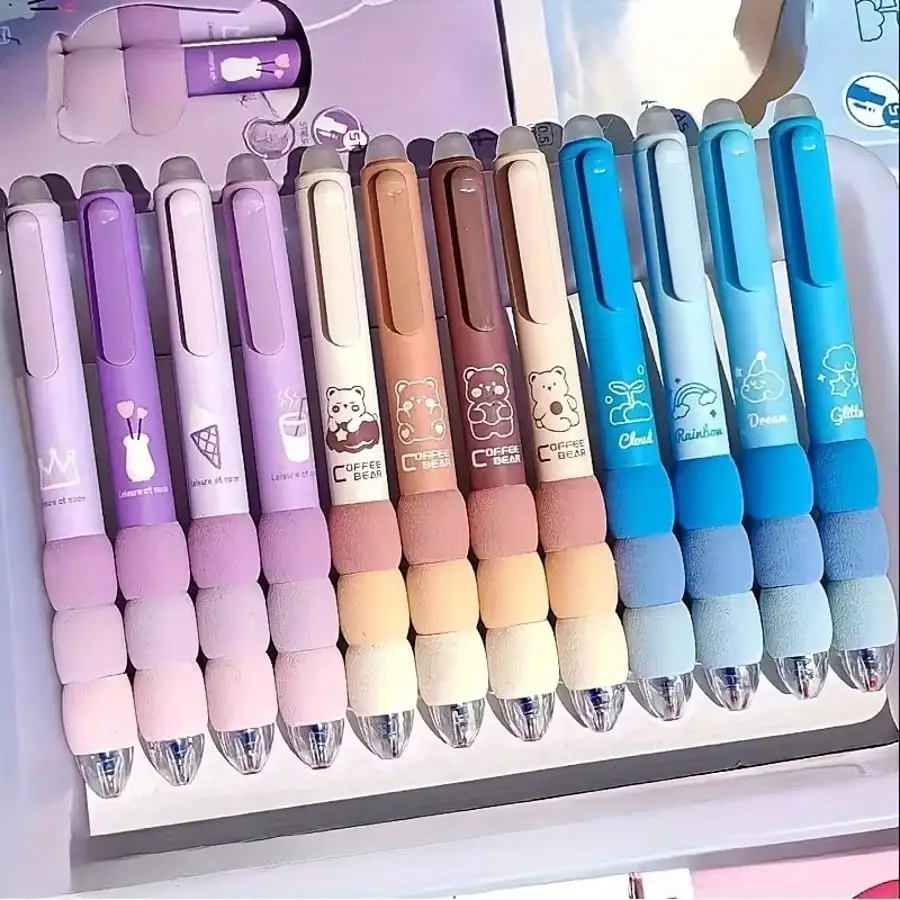 

Cartoon Erasable Gel Pens – 12 Pcs, Soft Grips, 0.5mm Black Ink, Cute Animal & Food Designs